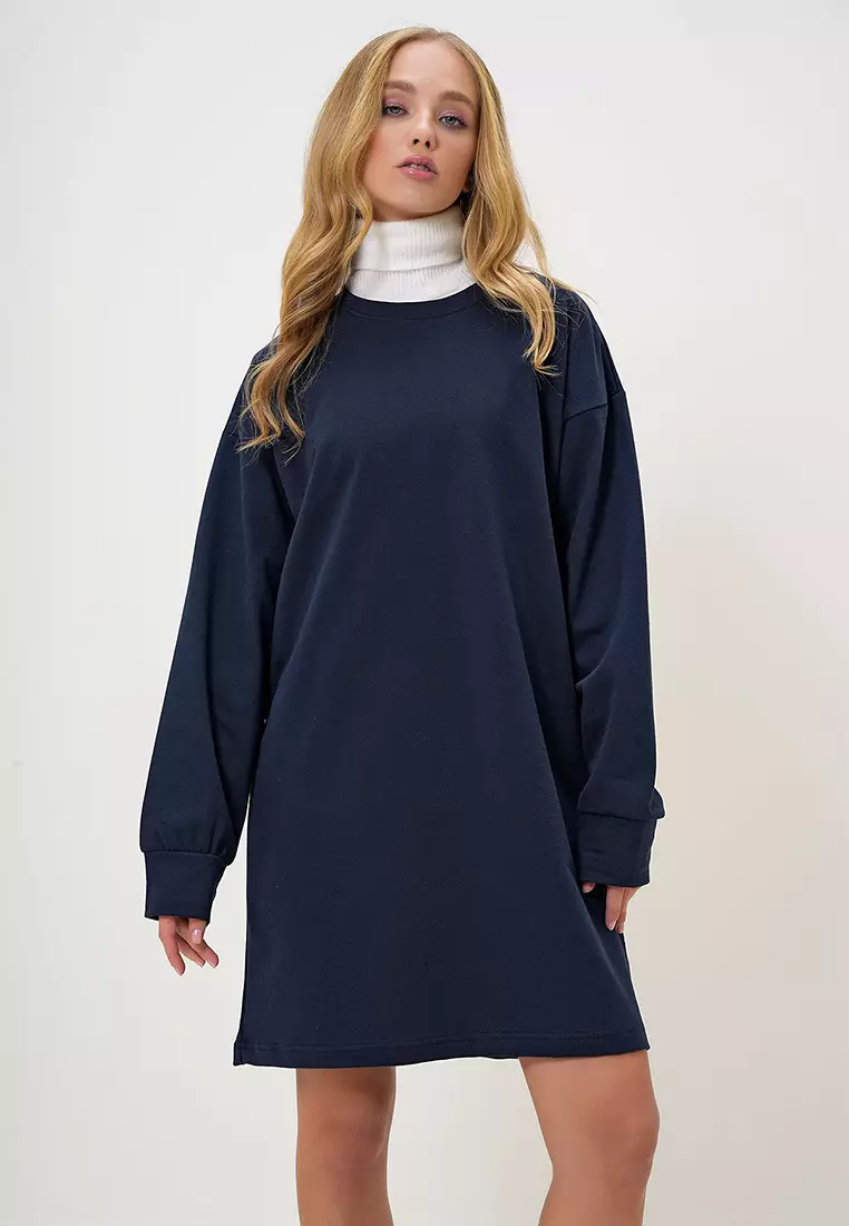 Women's Navy Blue Crew Neck Sweatshirt Dress Alc-X13137