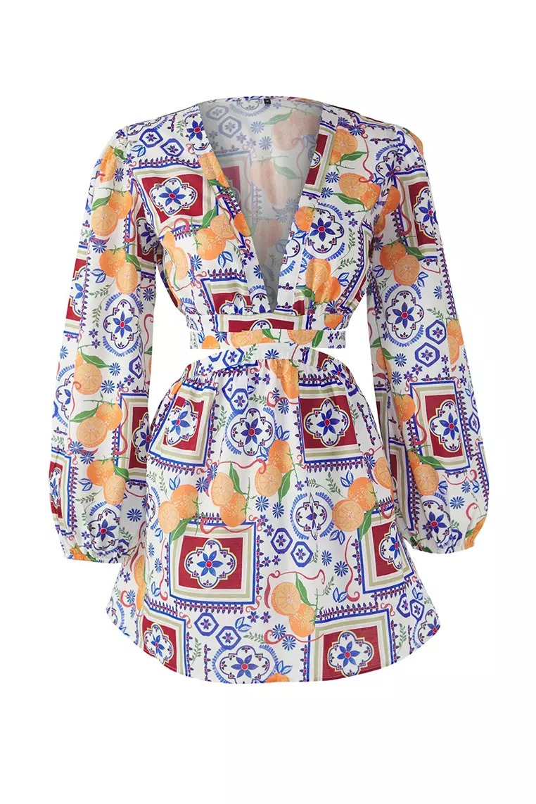 Floral Patterned Mini Woven Cut Out/Window 100% Cotton Beach Dress TBESS23EL00140