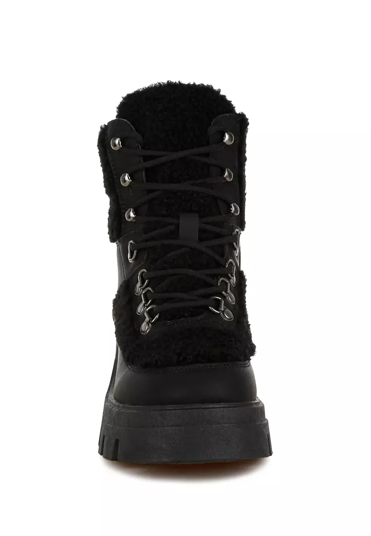 Faux Fur Detail Chunky Hiker Boots in Black
