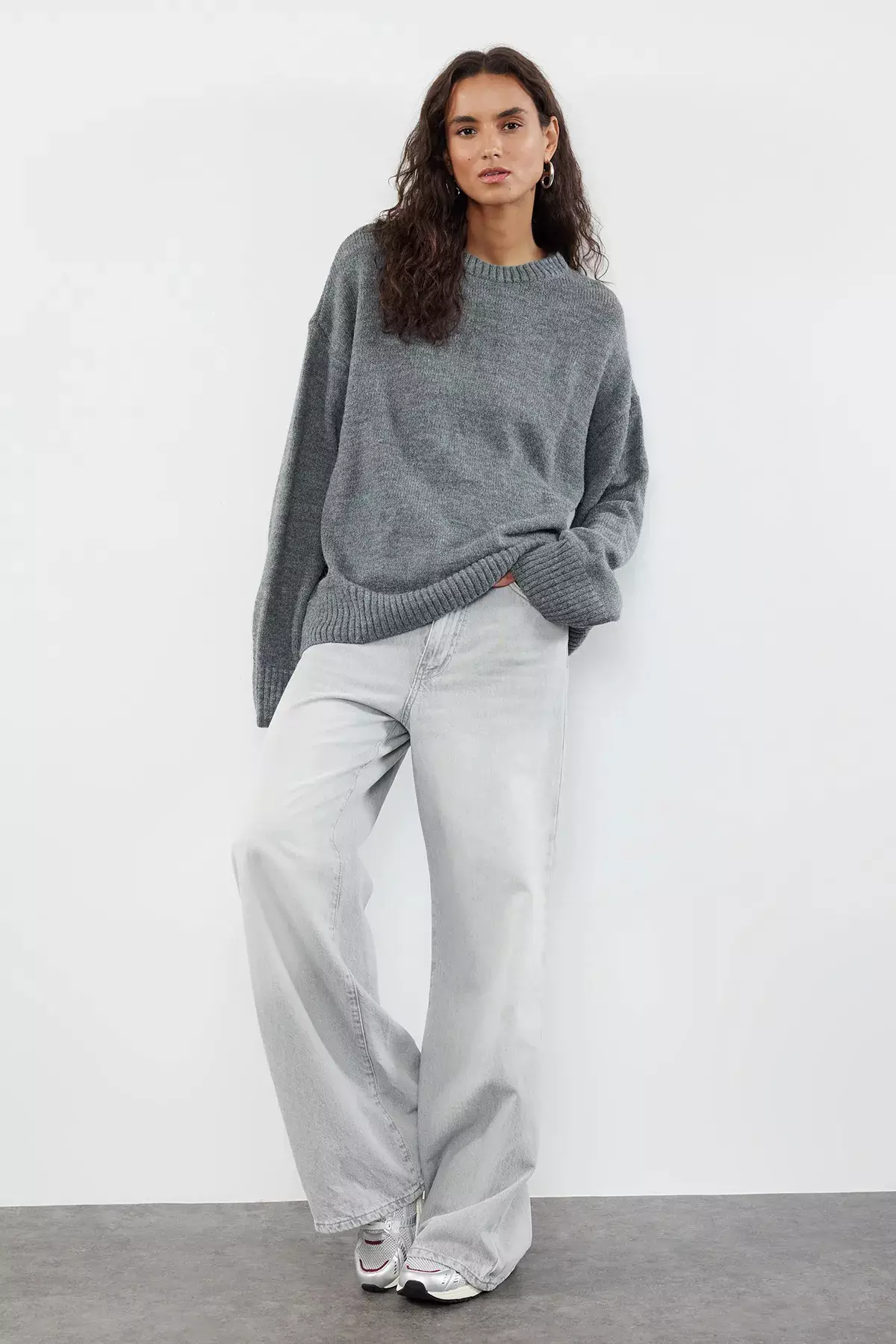 Anthracite Wide Pattern Crew Neck Knitwear Sweater TWOAW25KZ00168