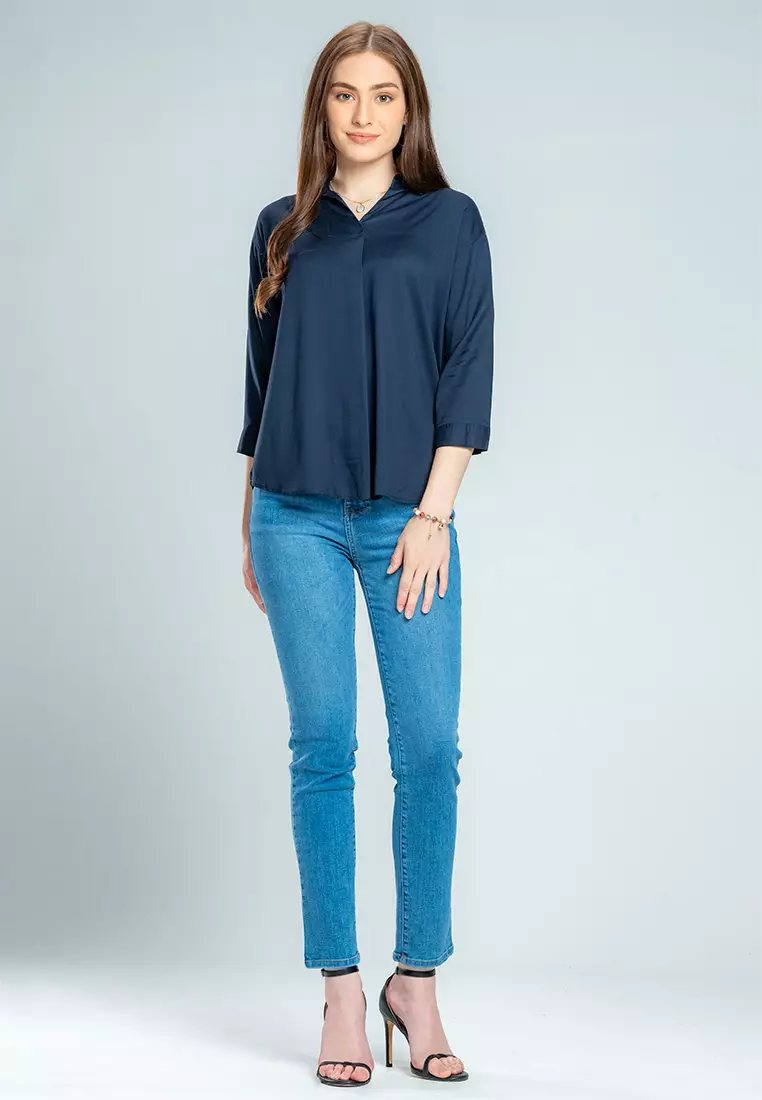 C2 Elizha Navy Basic Blouse Wanita