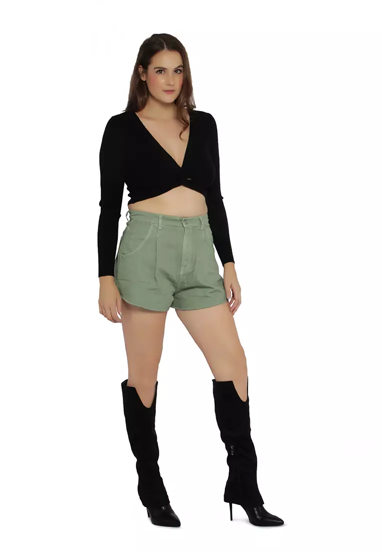 Green Mid Rise Denim Shorts