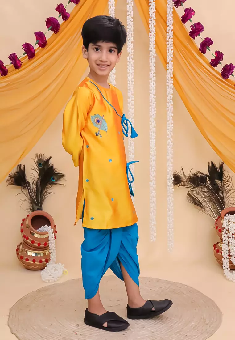 The Mom Store Vrindavan Vibe Embroidered Boys Dhoti Kurta Set - Yellow