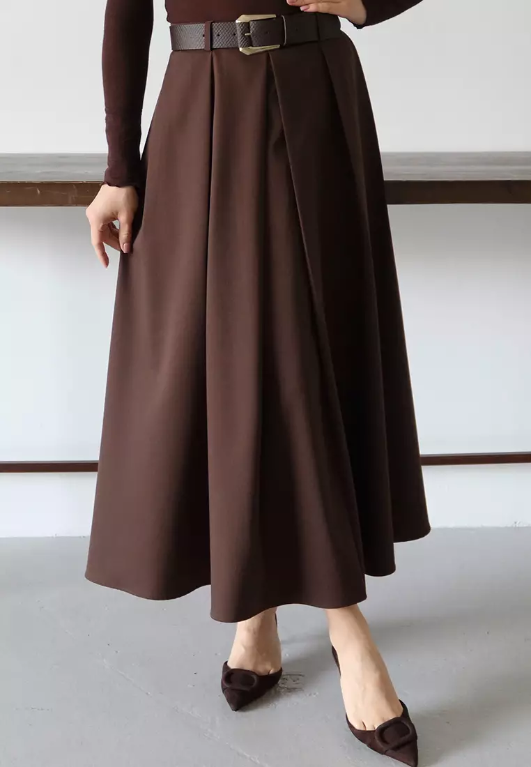 Dark Brown Belted Bell/A-Line Woven Long Maxi Skirt Twoaw26Et168