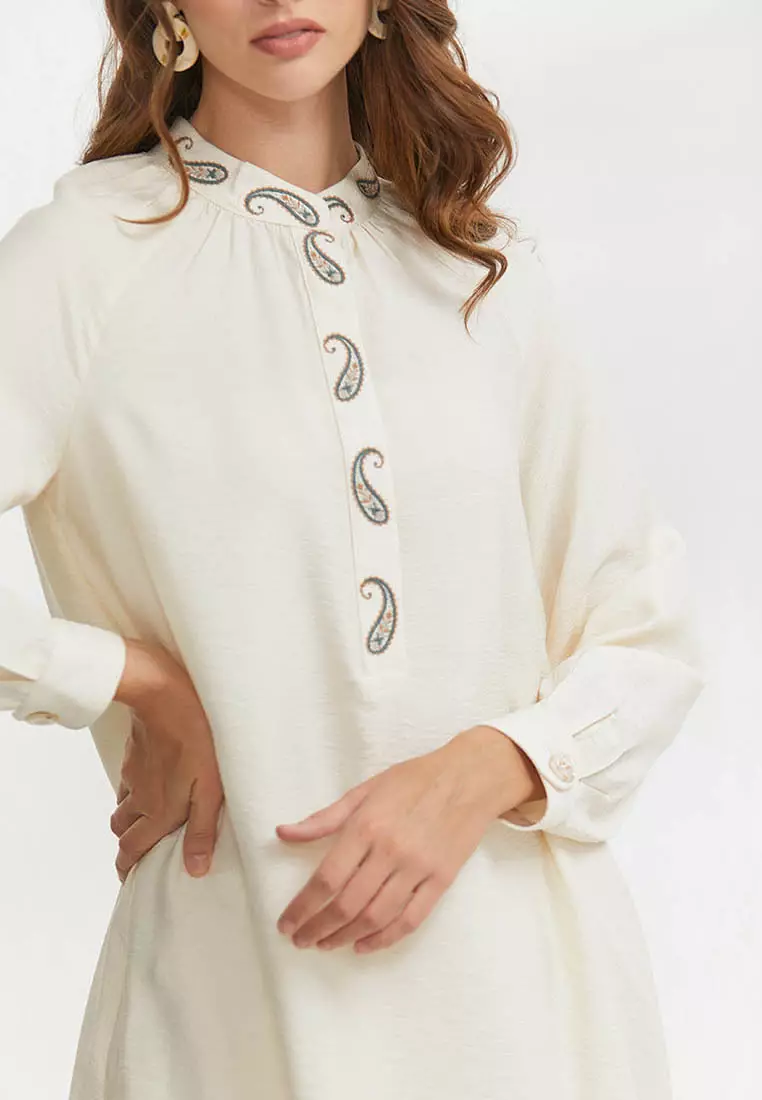 KAYRA Ethnic Patterned Judge Collar Tunic Ecru 2025 | Buy KAYRA Online ...
