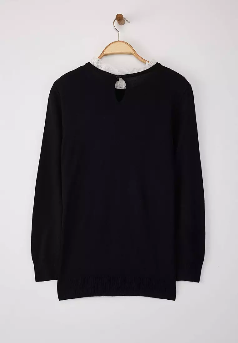 Black Lace Collar And Ribbon/Bow Detail Thin Knitwear Sweater Tbbaw26An00019