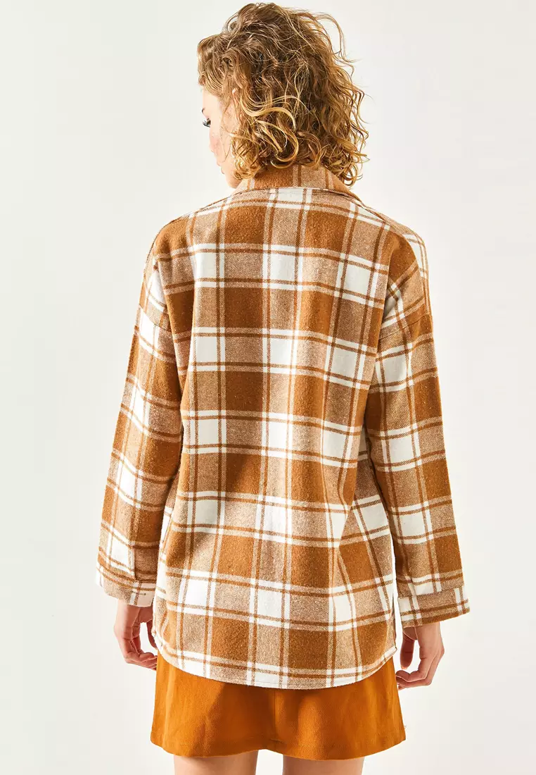 Beige One Pocket Thick Plaid Lumberjack Shirt