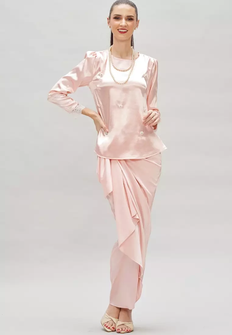 Pink Faux Pearl Diamond Beaded Top & Satin Wrap Skirt Modern Baju Kurung