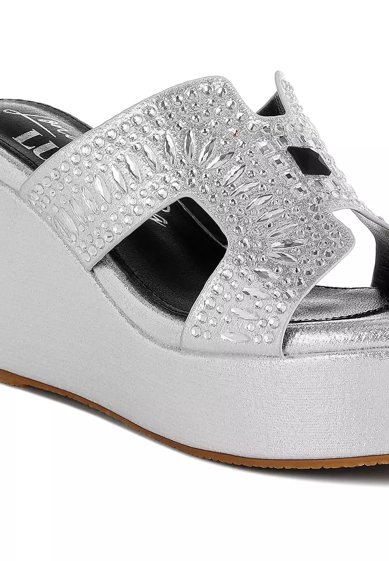 Diamante & Rhinestone Detail Cut-Out Sandals in Silver