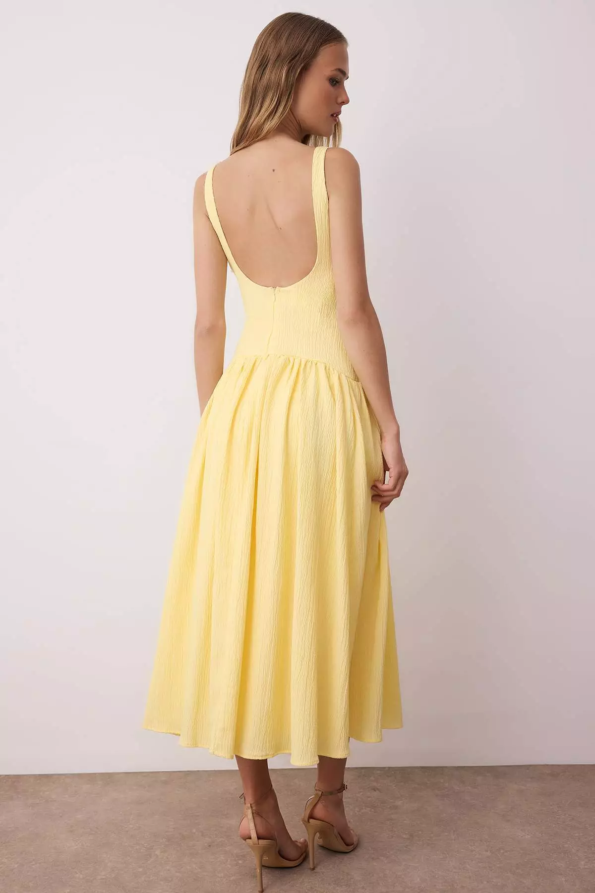 Yellow Special Fabric Corset-Look Backless Woven Skirt Wide Midi Dress Twoss25El00882