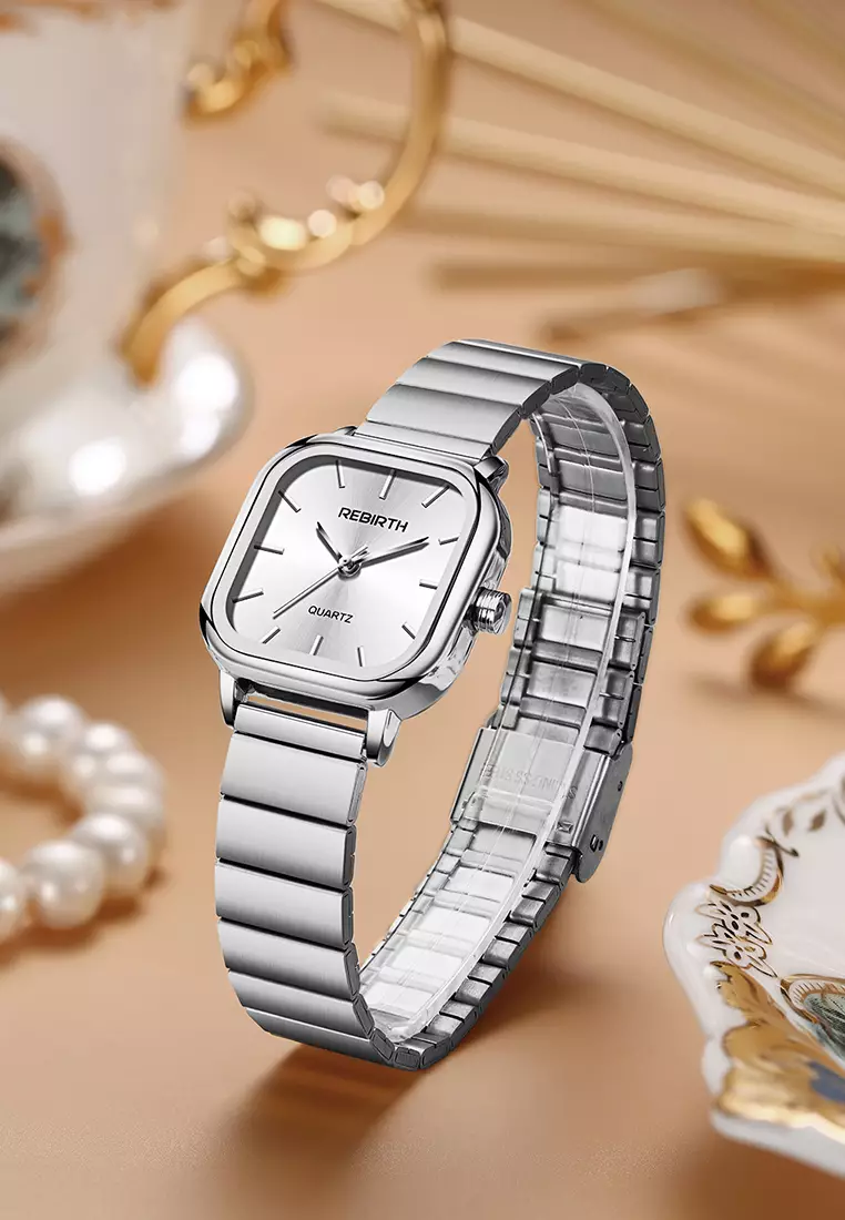 Jam Tangan Wanita Original Square Anggun Tali Stainless Steel perak putih