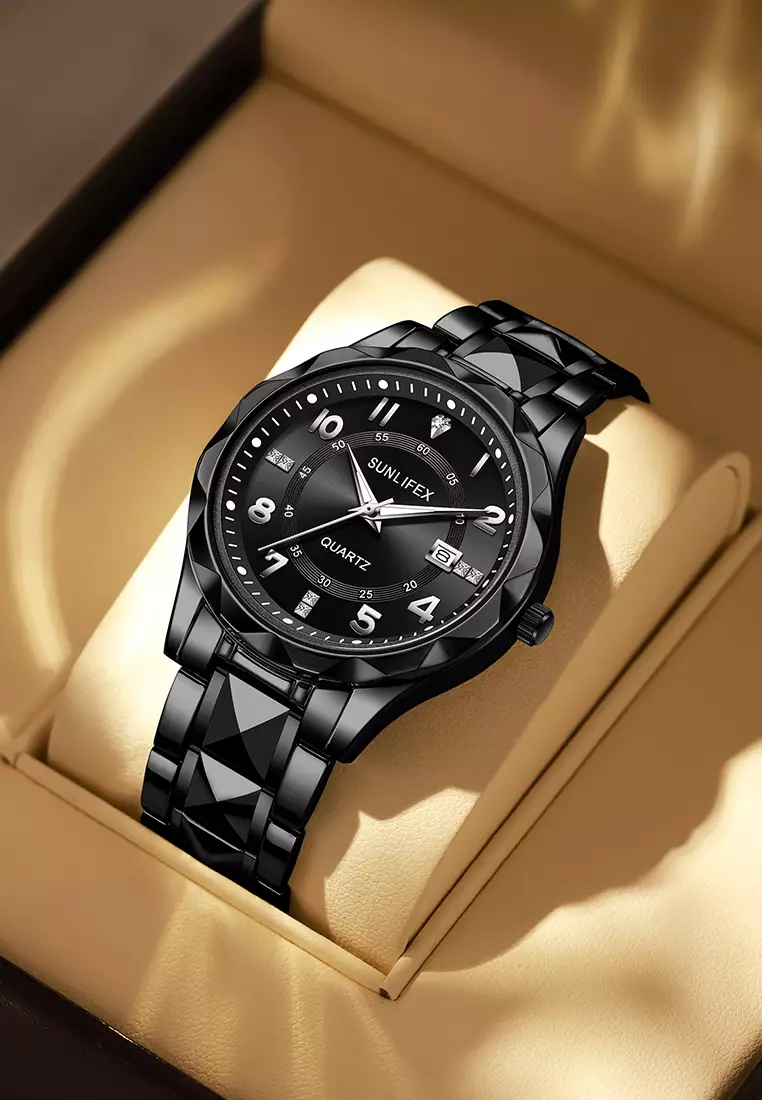 Jam Tangan Pria 3268-2 Bercahaya Kalender Kasual Jam Tangan Cowok Kuarsa Original allblack