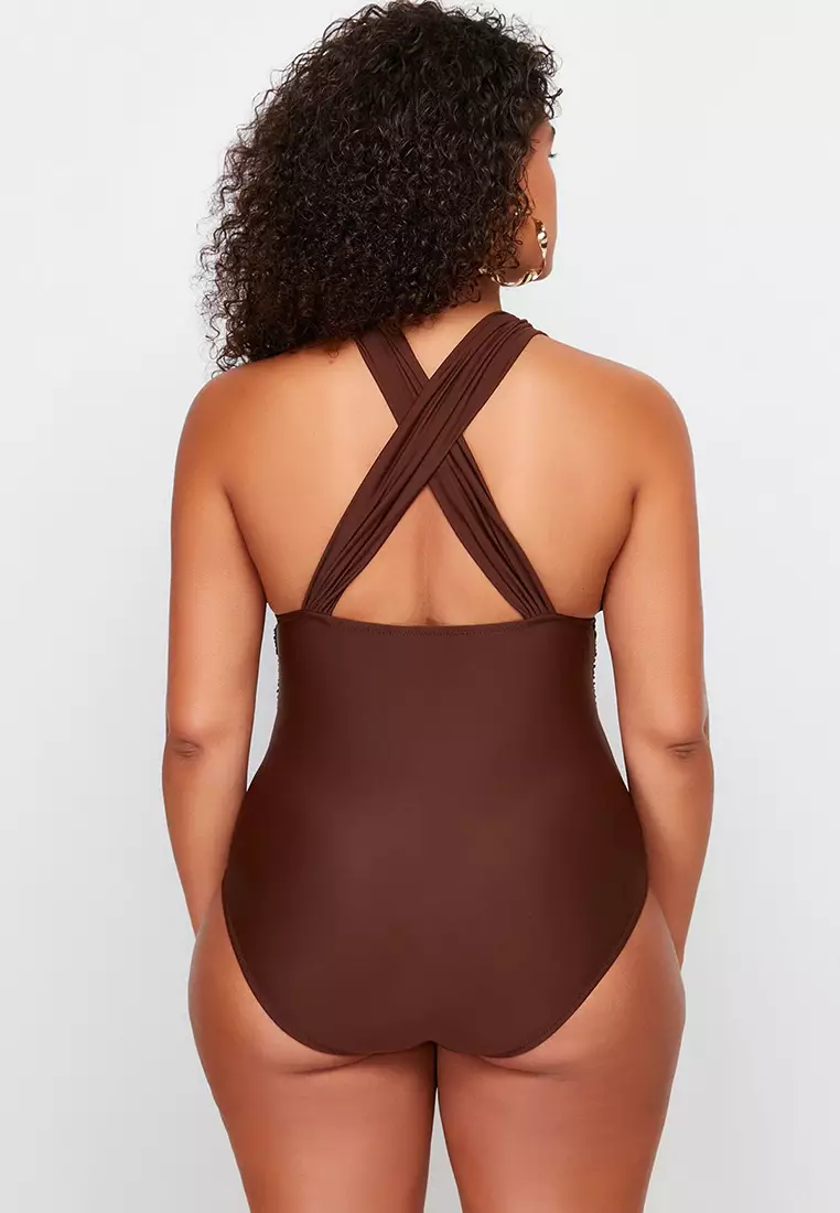 Brown Deep V Back Cross Waist Gather Detail Plus Size Swimsuit TBBSS23AM00000