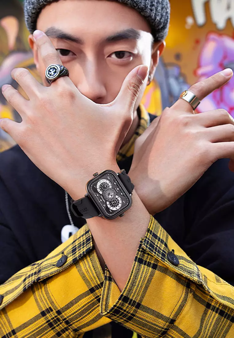 Unisex IP Black Alloy Quartz Watch, 45mm, Rubber Strap