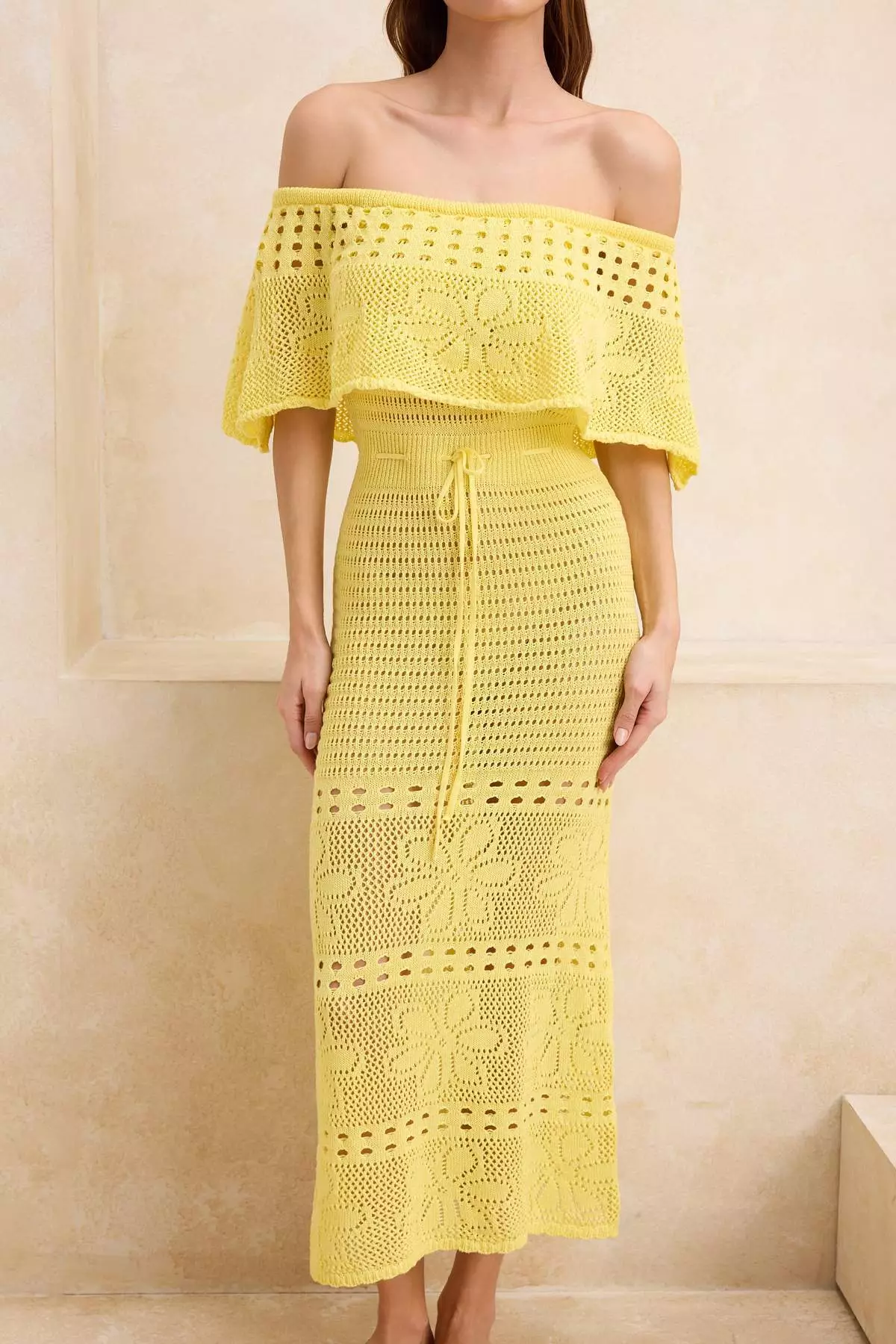 Yellow Knitwear Maxi Carmen Collar Beach Dress Tbess26El38