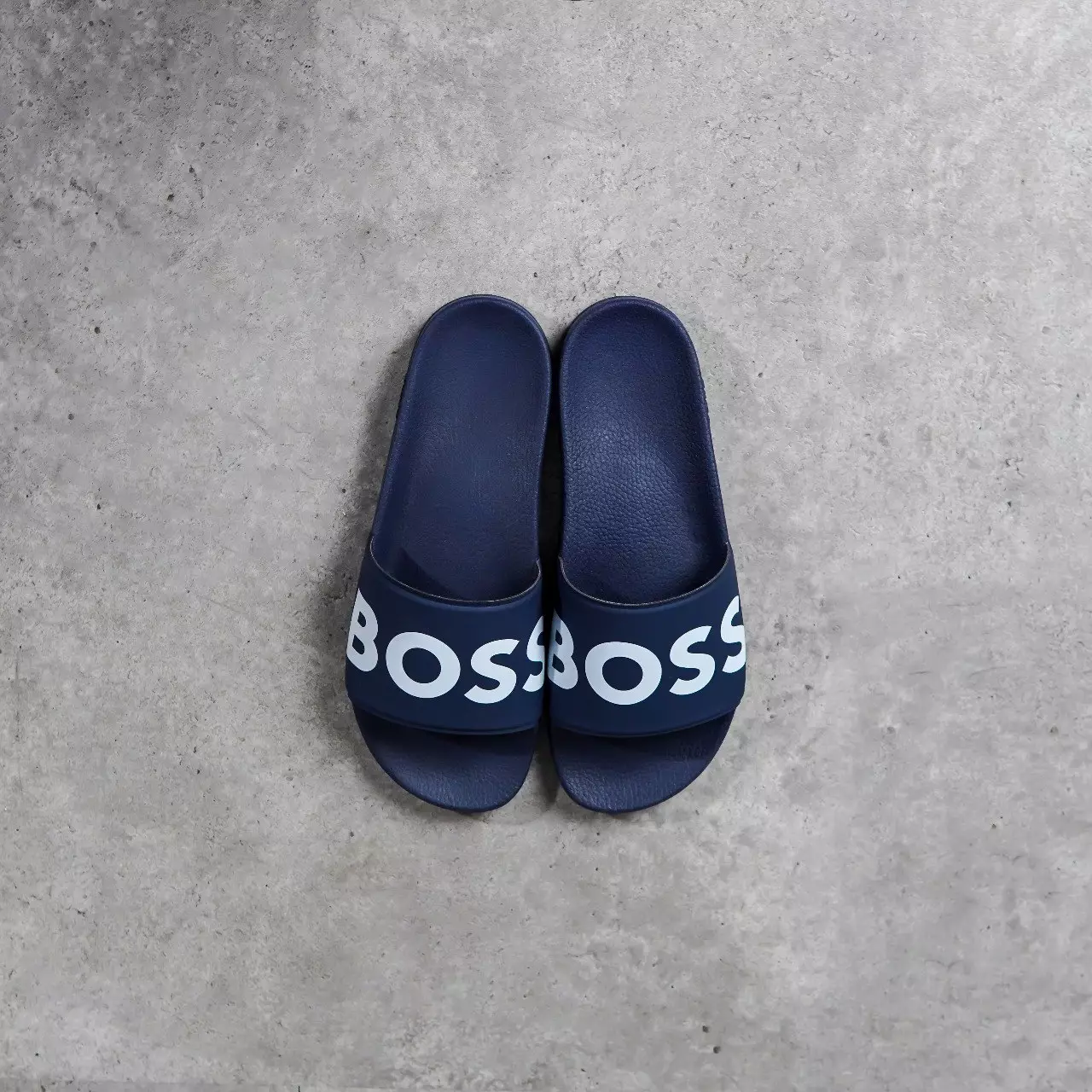 Sandal HUGO BOSS SEAN TEXT FLAT WHITE NAVY SLIDE 100% ORIGINAL