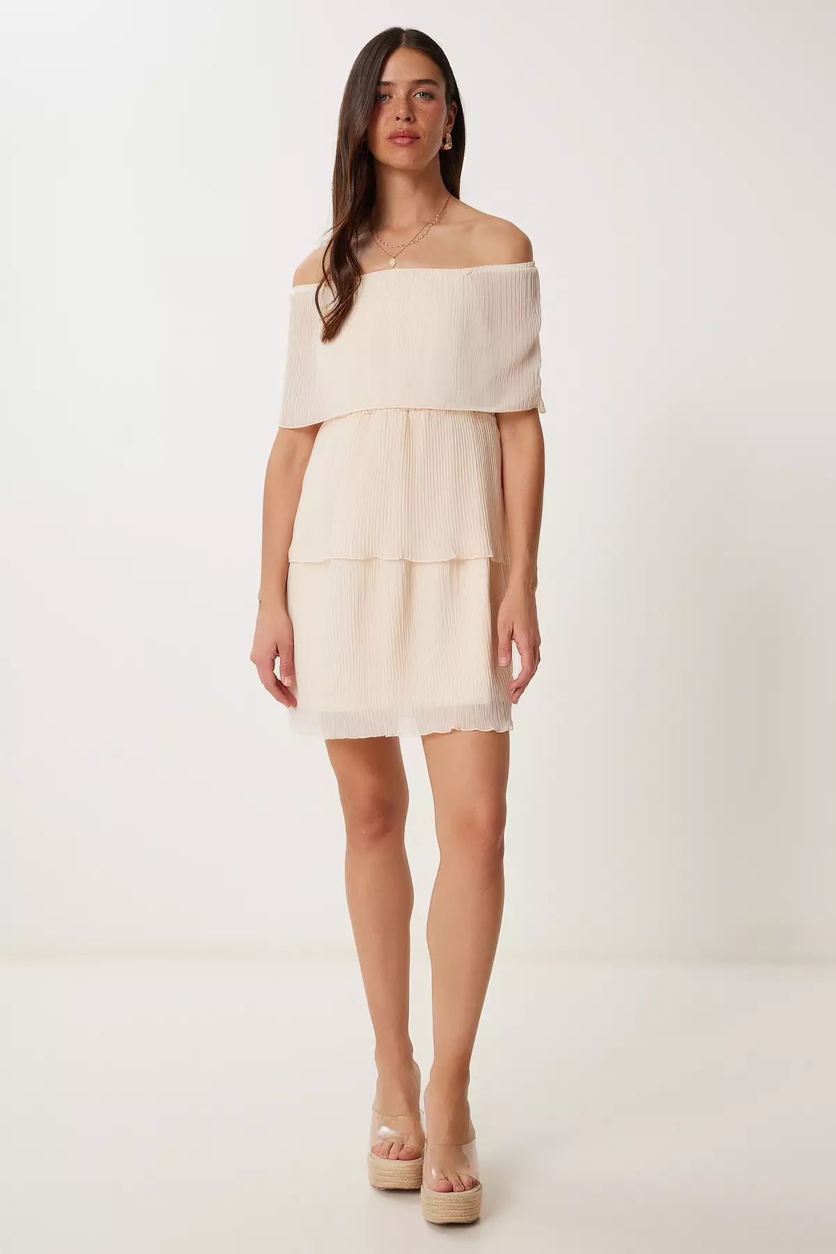 Women's Cream Layered Pleated Mini Chiffon Dress Wf00160