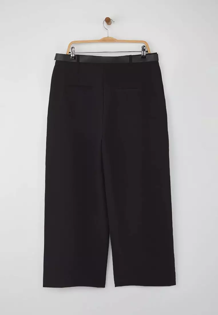 Special Collection Black Wide Leg Premium Belted Plus Size Trousers