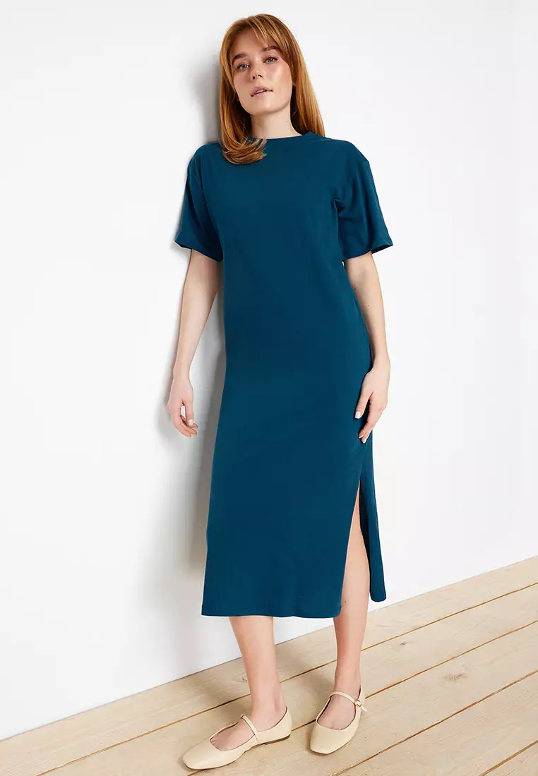 Petrol Plain T-Shirt Dress Slit Detailed Shift/Relaxed Cut Midi