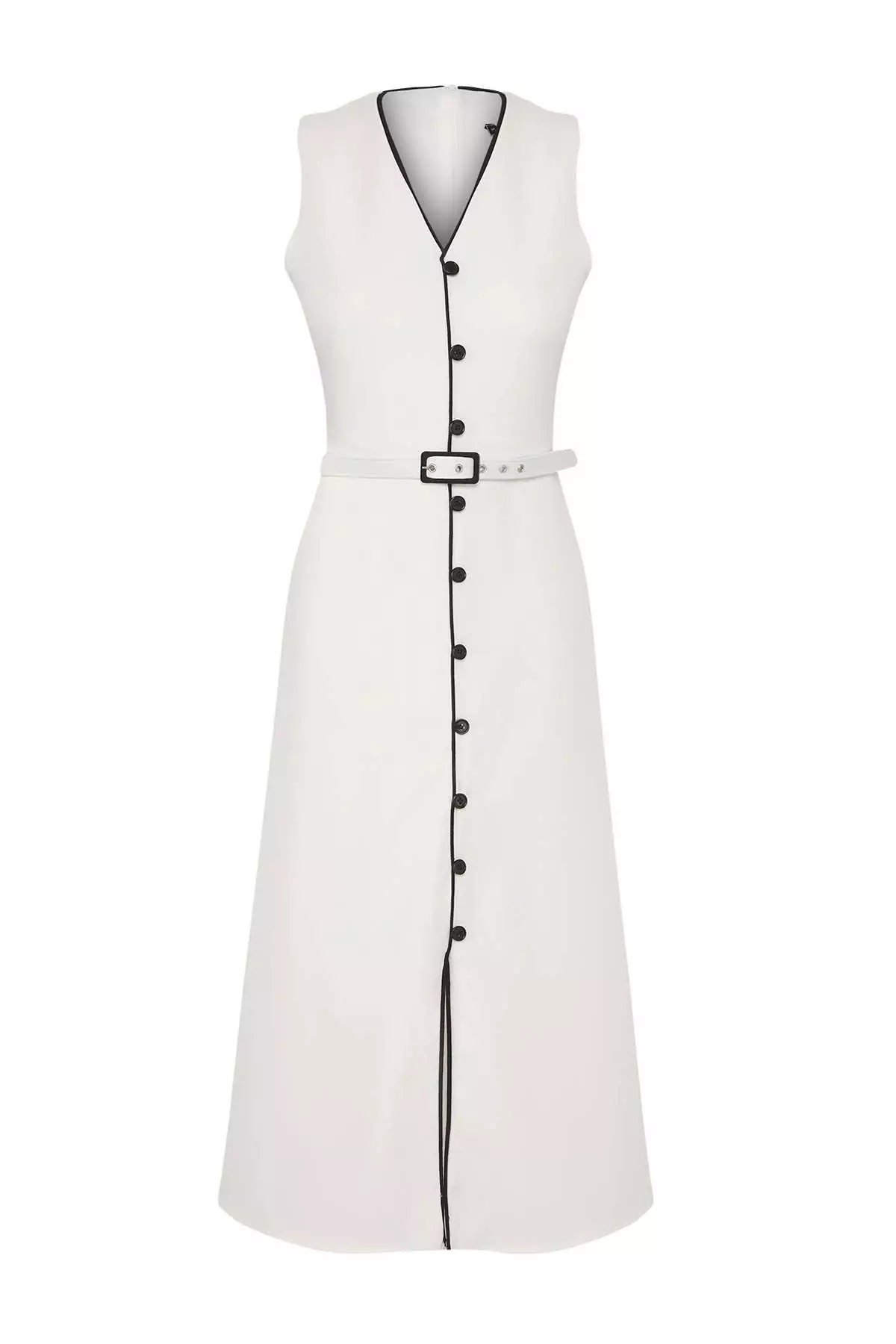 White Belted A-Line Bias And Button Detail Lined Midi Woven Dress
