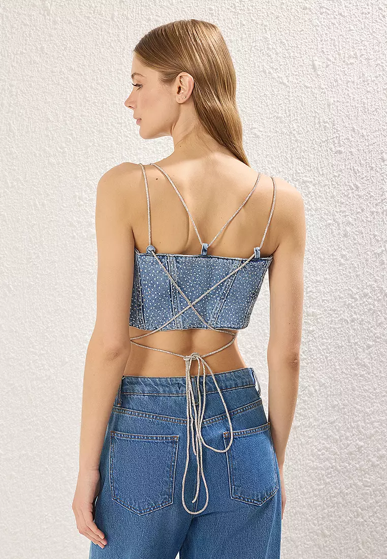 Patterned Crop Denim Blouse