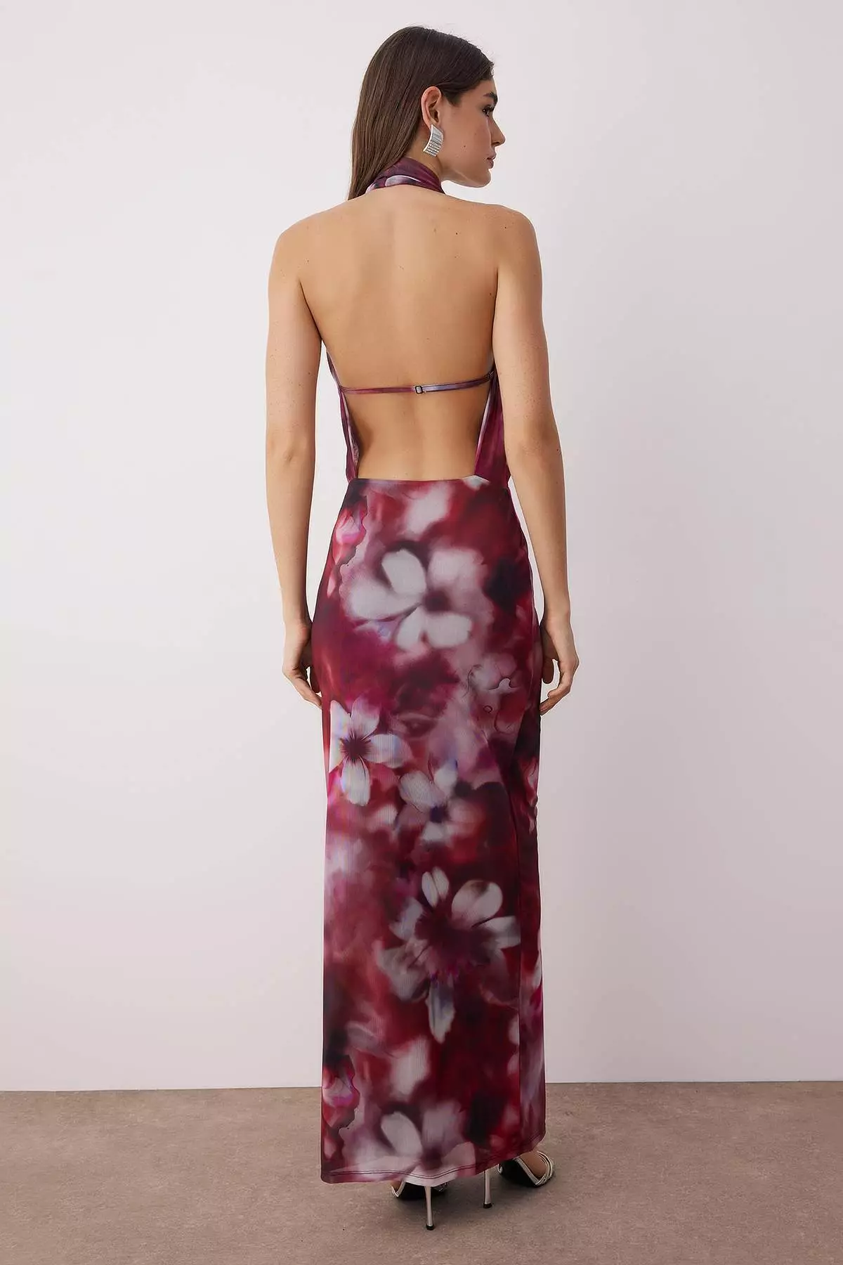 Burgundy-Multi-Floral Patterned Knitted Tulle Long Evening Dress Graduation Dress Tprss24Ae00261