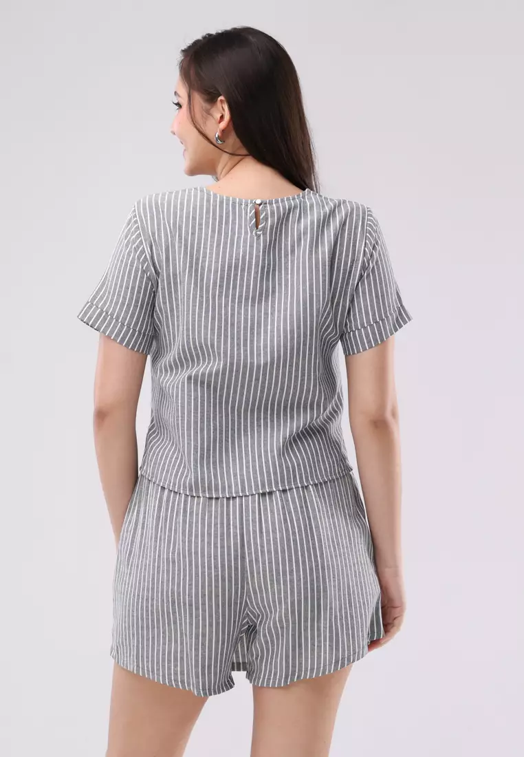 Cotton Stripes Short Sleeves Terno Skort