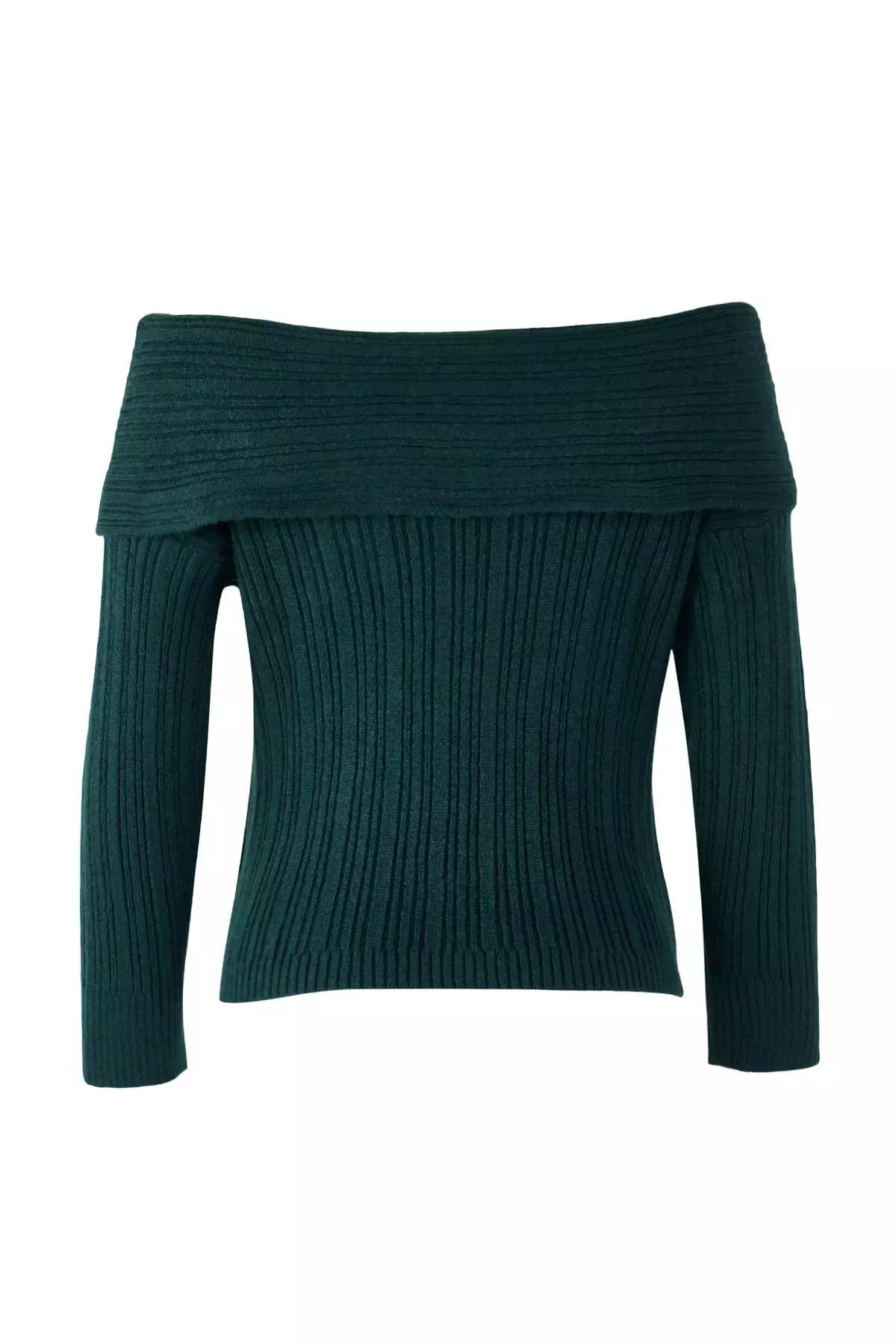 Emerald Green Soft Textured Carmen Collar Knitwear Sweater