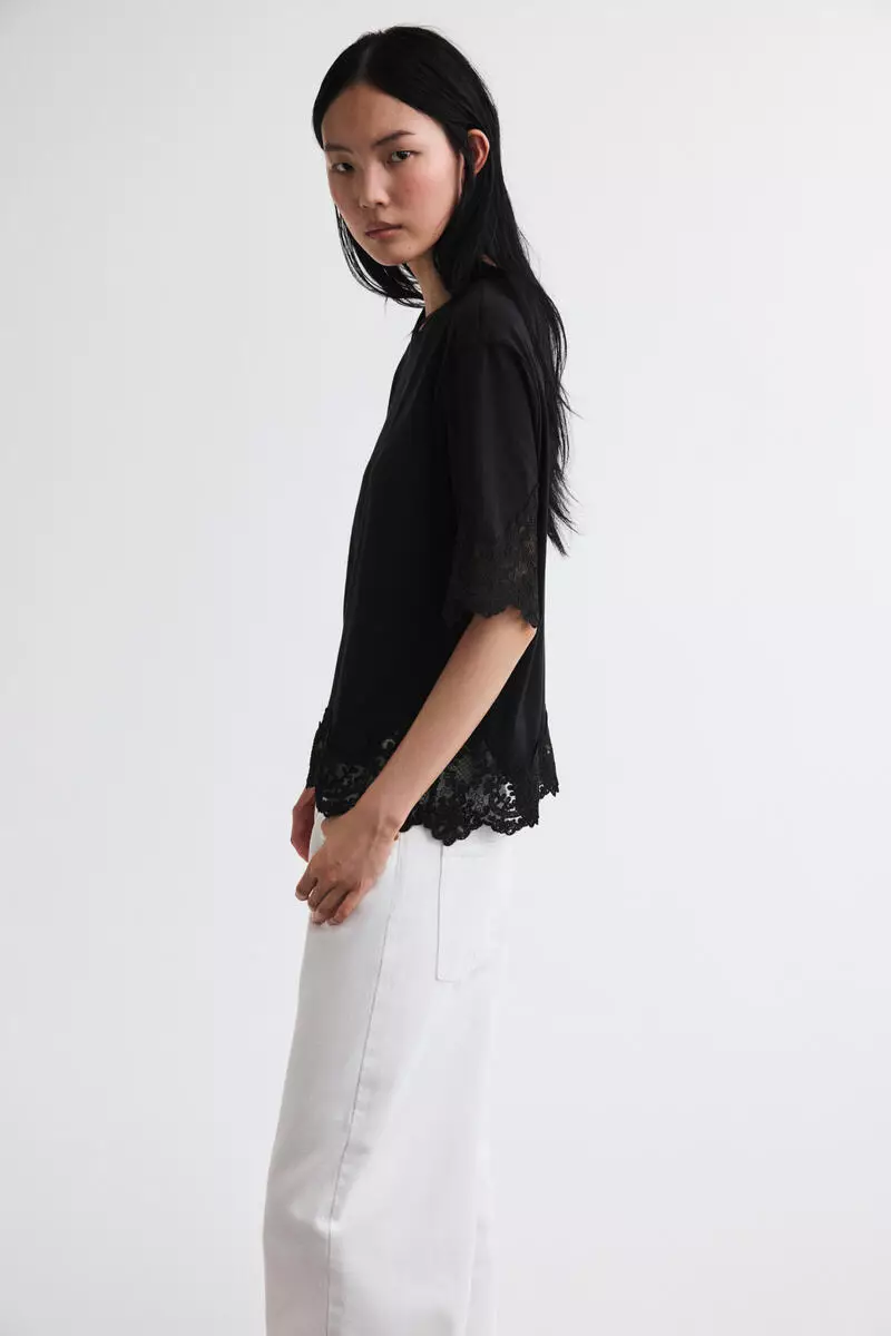 Lace-trimmed cotton T-shirt