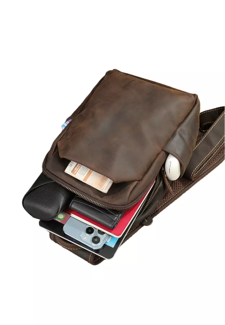 Men's Crazy Horse Cow Leather Zipper Belt Bags Chest Bags