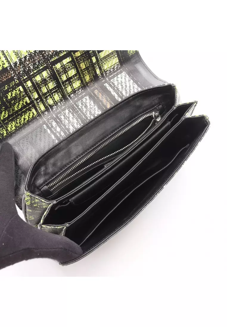 Pre-Loved Prada chain shoulder bag leather black yellow-green multicolor