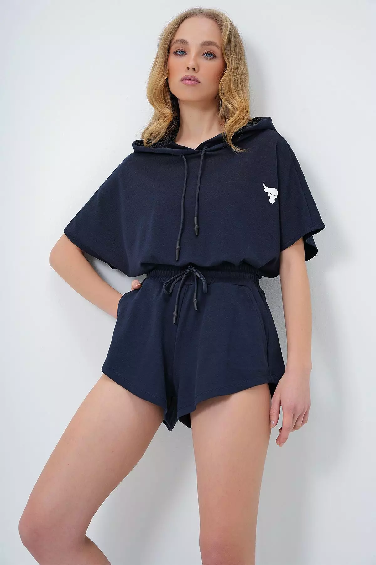Women's Navy Blue Hooded Crop Sweatshirt and Shorts Set