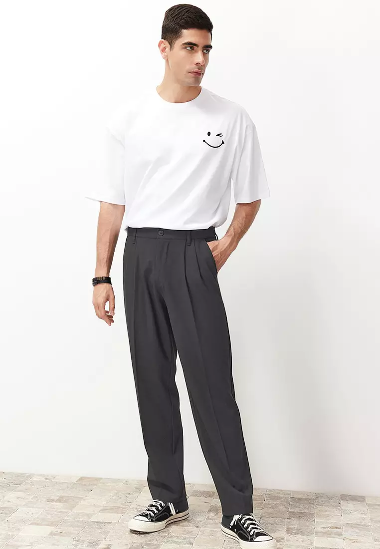 Anthracite Pleated Classic Baggy Fit Fabric Trousers TMNSS24PL00024