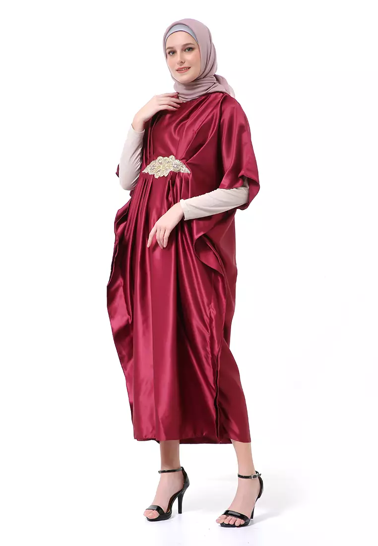 Illona Kaftan Dress Premium Fashion Muslimah Motif Polos Regular Fit - Maroon