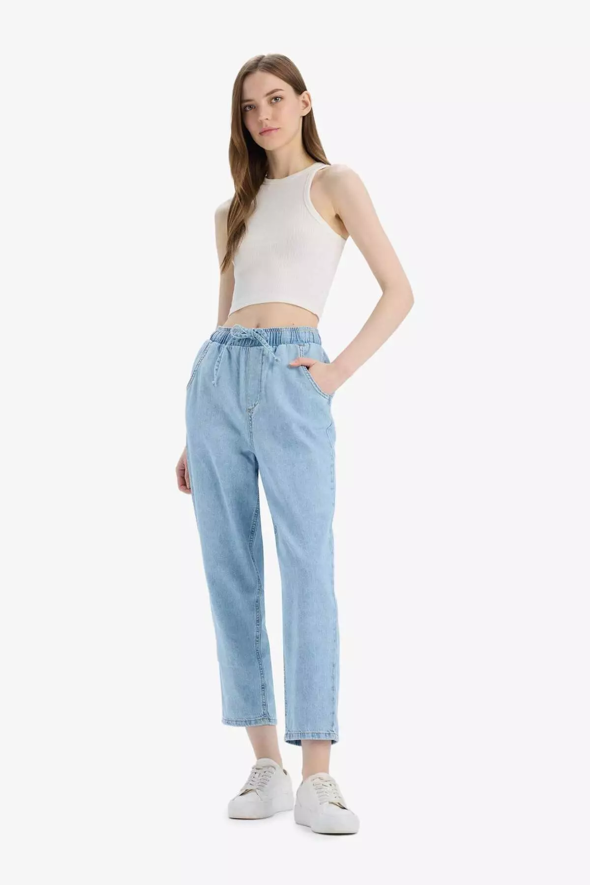 Pull on Paperbag High Waist Jeans, Straight Leg and Soft Long Jeans Pants E0733Ax25Sm
