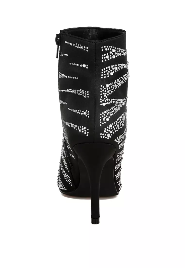 Sepatu Bot Pesta Satin Rhinestone Ankle Warna Hitam
