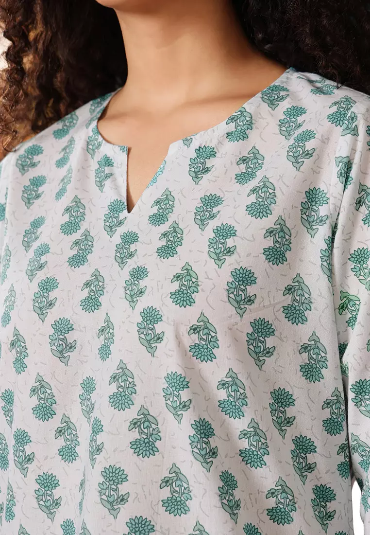 Clovia Pretty Florals Top & Pyjama in Teal Green - 100% Cotton