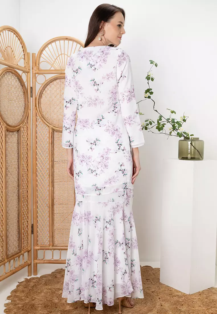 ARIEL Purple Orchid Baju Kurung Moden Princess Kain Kembang Payung in White Base