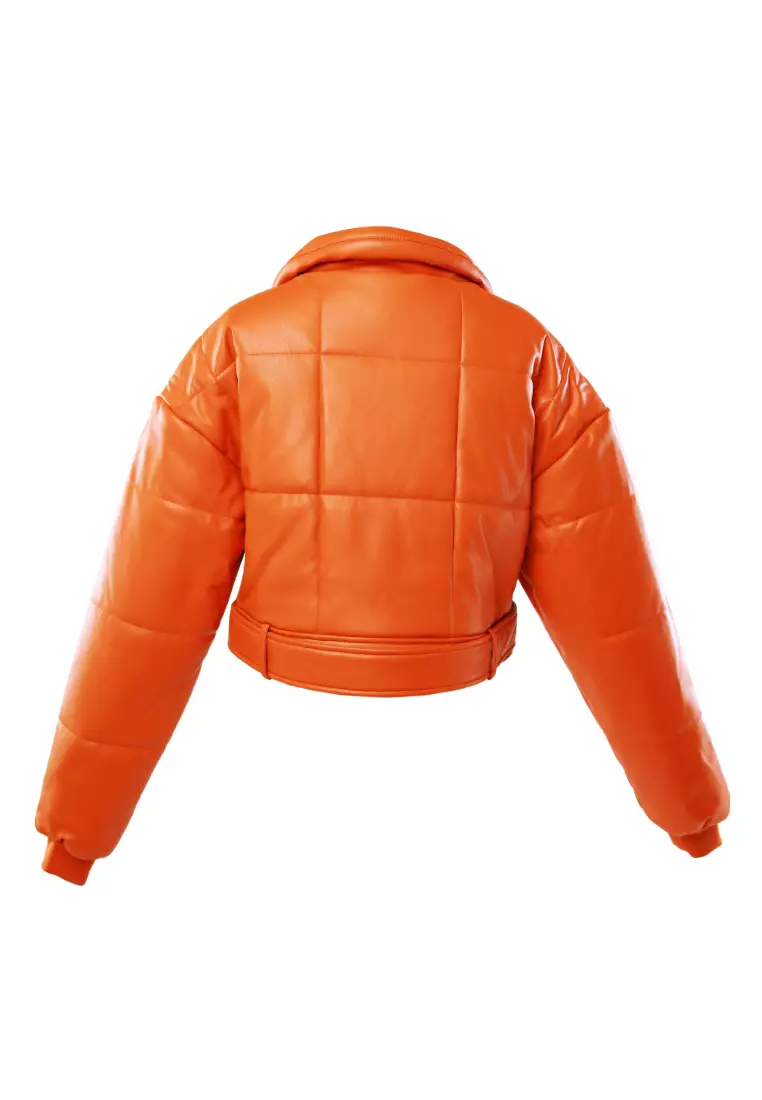Orange Cropped Belted Puffer Jacket