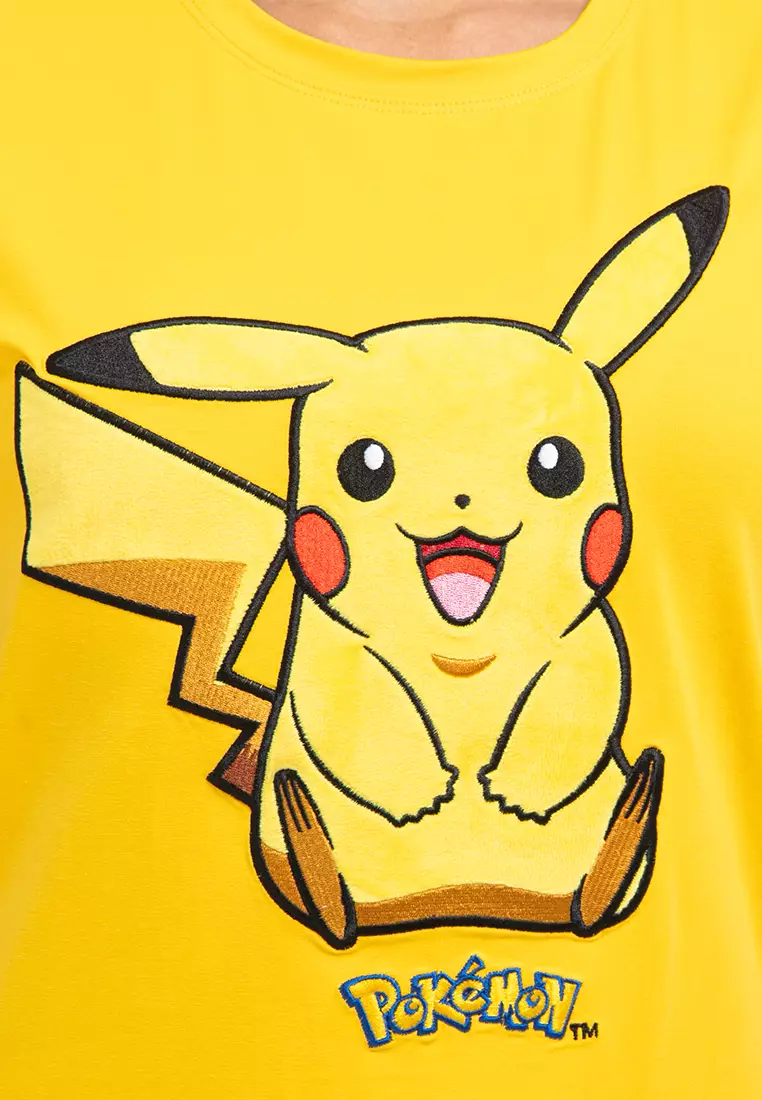 Forest X Pokemon Ladies Coral Fleece Textured Embroidered Pikachu Round Neck Tshirt Women - FP821000-65Yellow