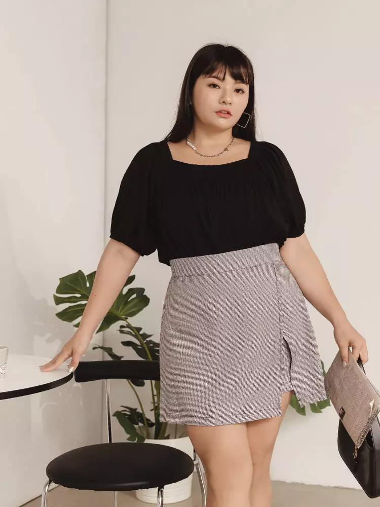 Square neck gathered puff sleeve A-line top [AB19503]