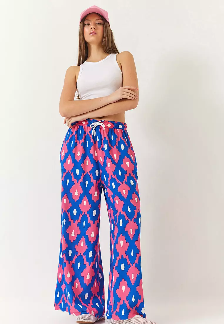 Women's Patterned Elastic Waist Laced Pocket Viscose Casual Palazzo Pants 60261435