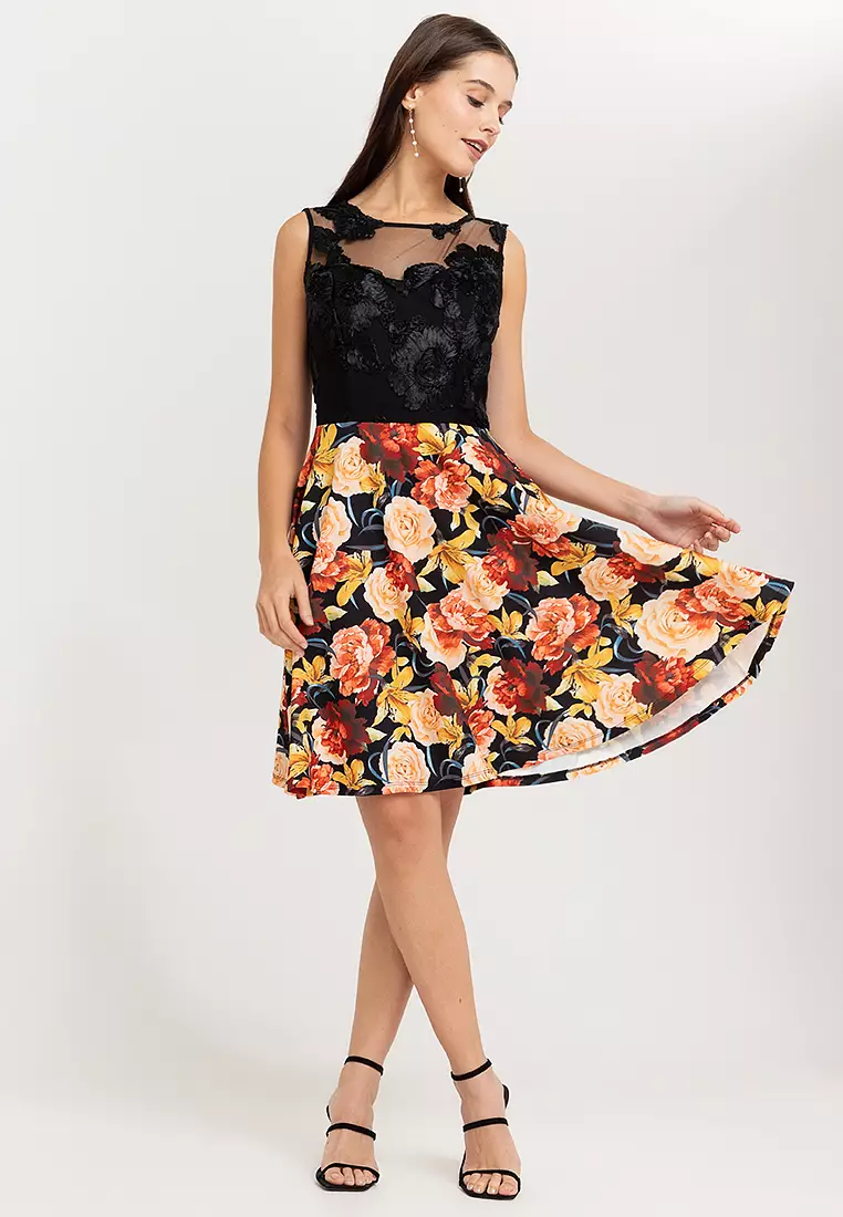 Lace yoke floral clearance flare dress