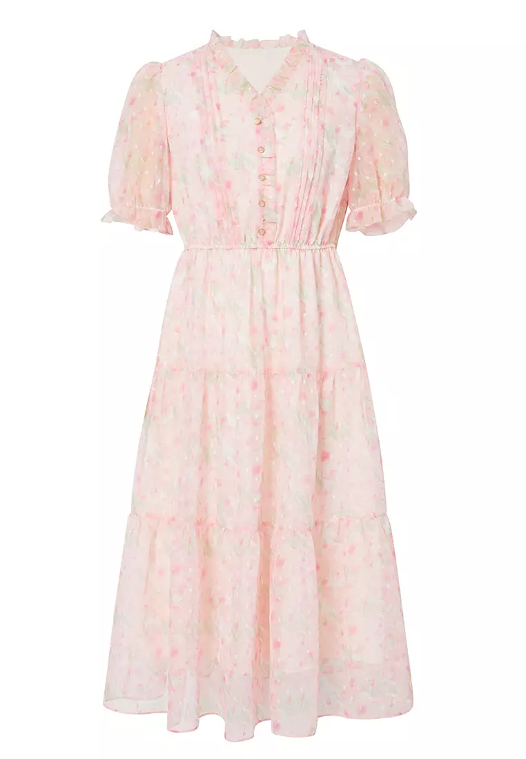 Ruffled Sleeve and Collar Tiered Floral Midi Dress