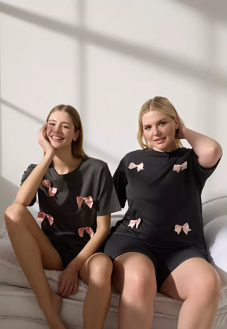 Anthracite 100% Cotton Ribbon/Bow Knitted Pajama Set with Shorts THMSS25PT00376