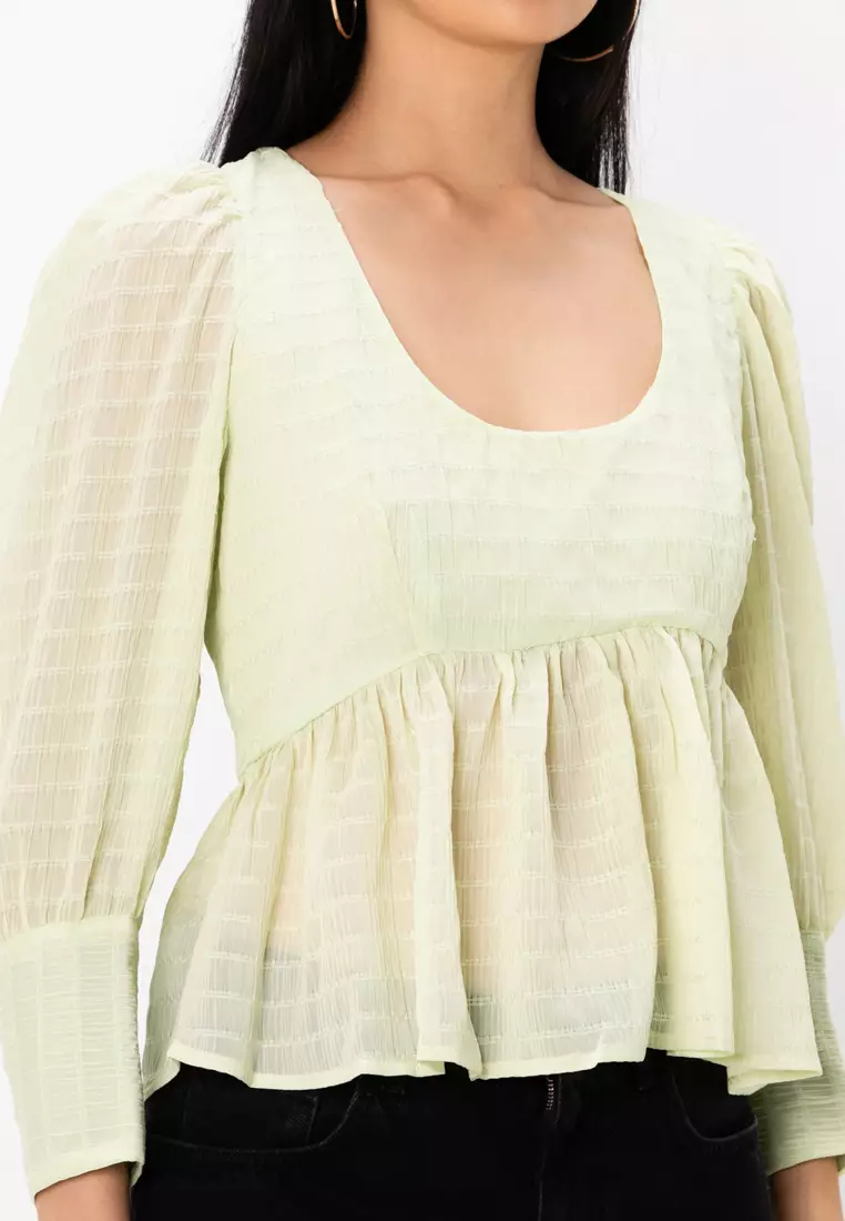 Shirred Peplum Top with Deep Cuff