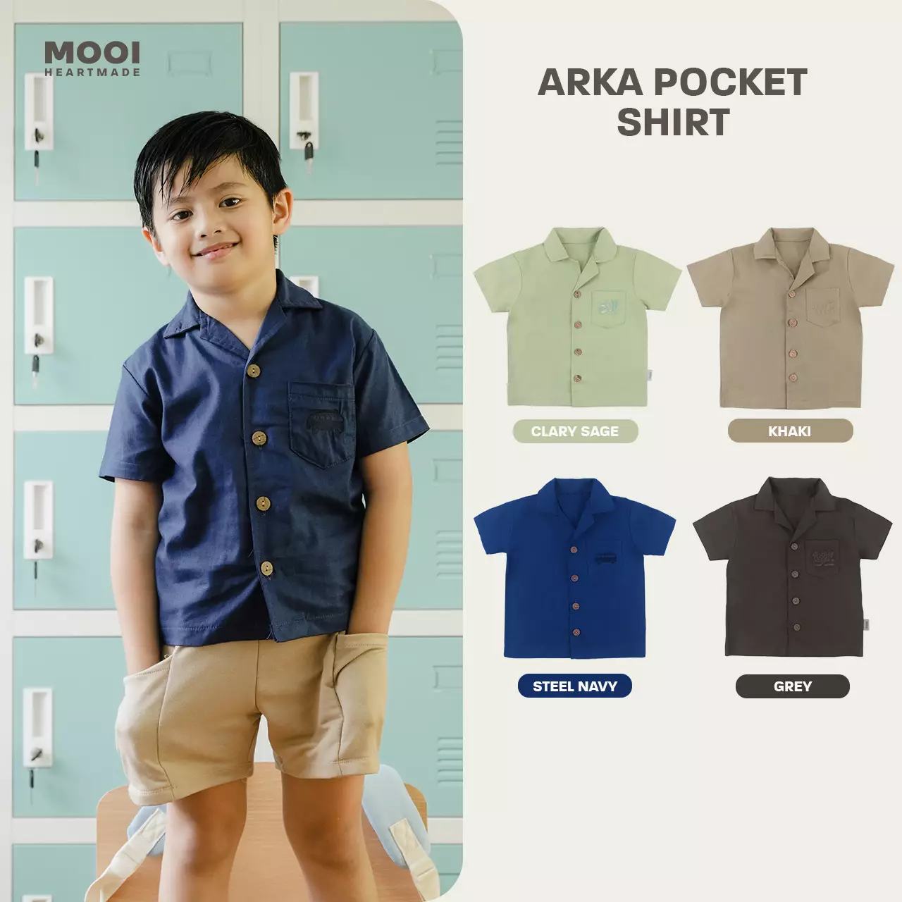 Mooi Kemeja Anak Laki-laki Arka Pocket Shirt - Steel Navy