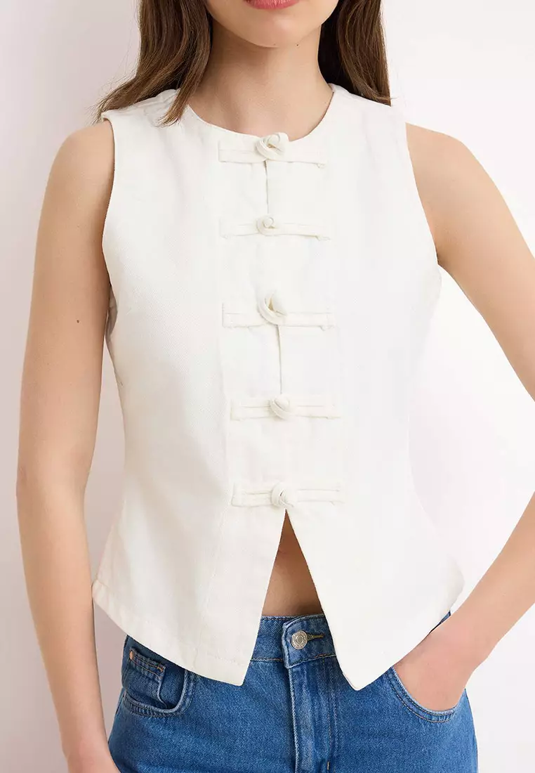 Ecru Button Detailed Fitted 1% Cotton Denim Vest Twoss26Ye4