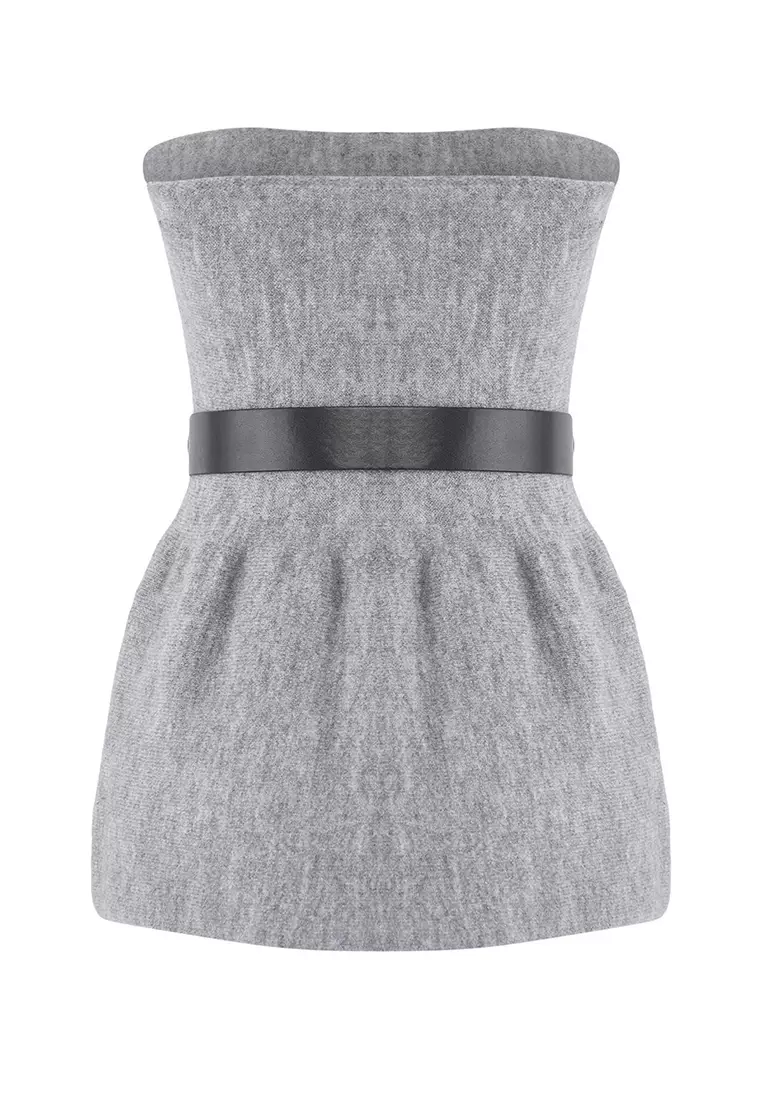 Limited Edition Gray Soft Texture Belted Flounce Knit Blouse