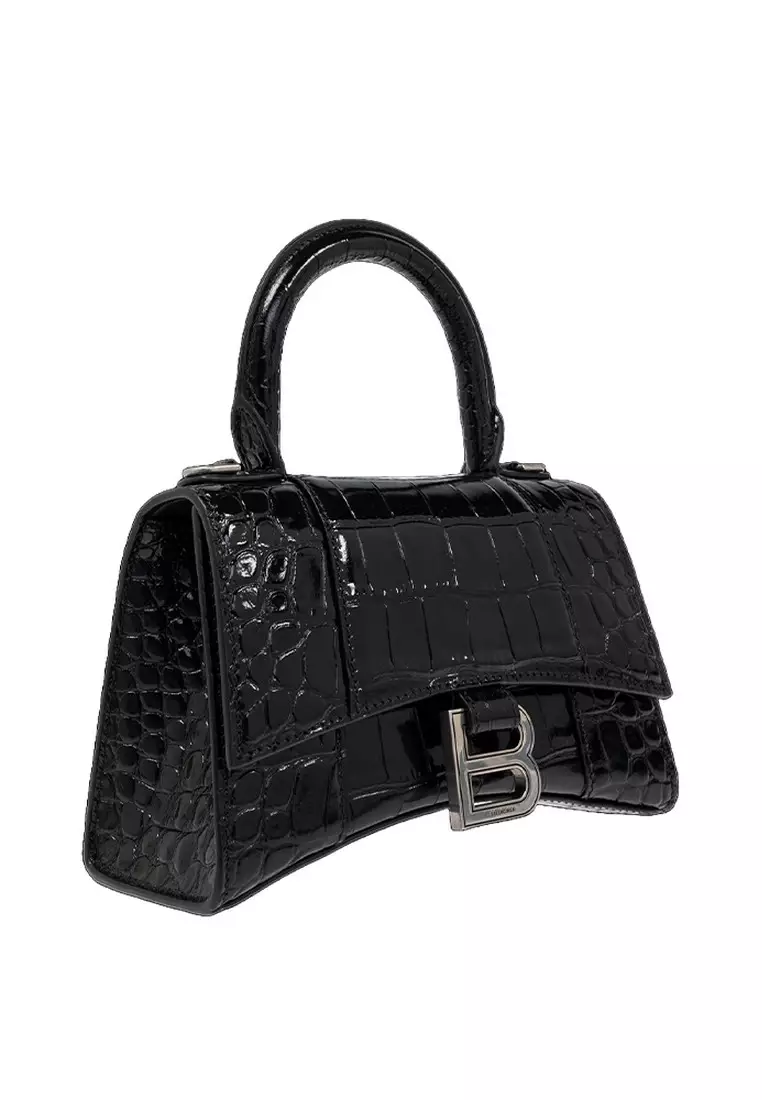Hourglass Xs Crocodile Embossed Crossbody Bag in Black